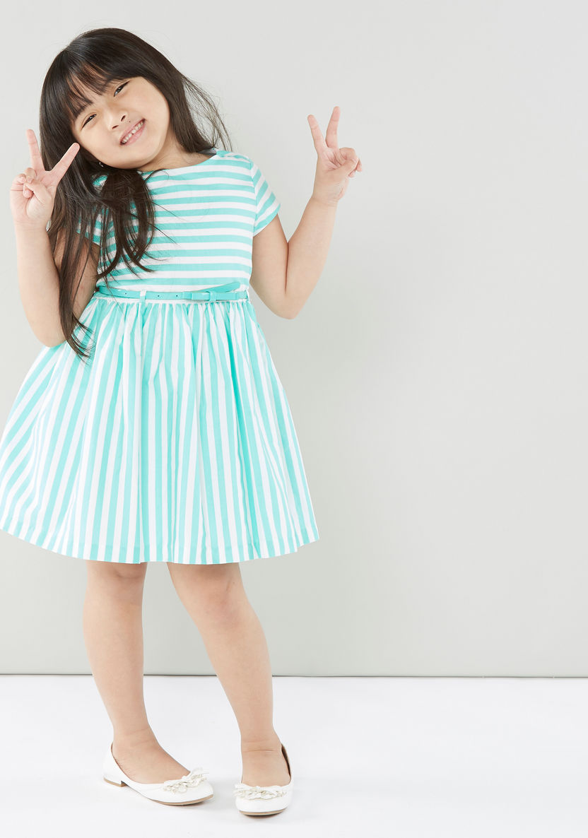 Juniors Striped Dress with Round Neck and Short Sleeves-Dresses%2C Gowns and Frocks-image-0