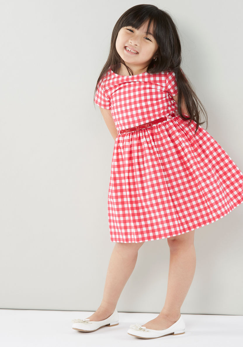 Juniors Check Designed Dress with Round Neck and Short sleeves-Dresses%2C Gowns and Frocks-image-0