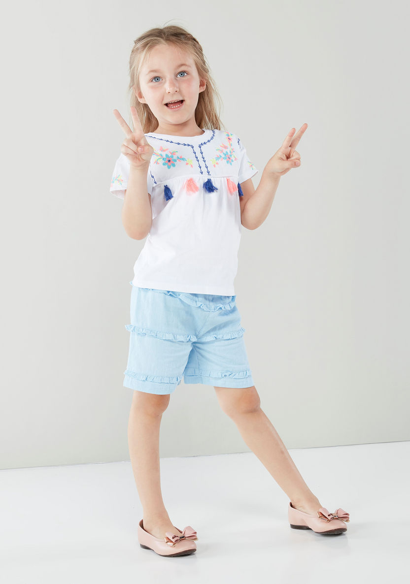 Juniors Embroidered Cotton T-shirt with Tassels-T Shirts-image-0