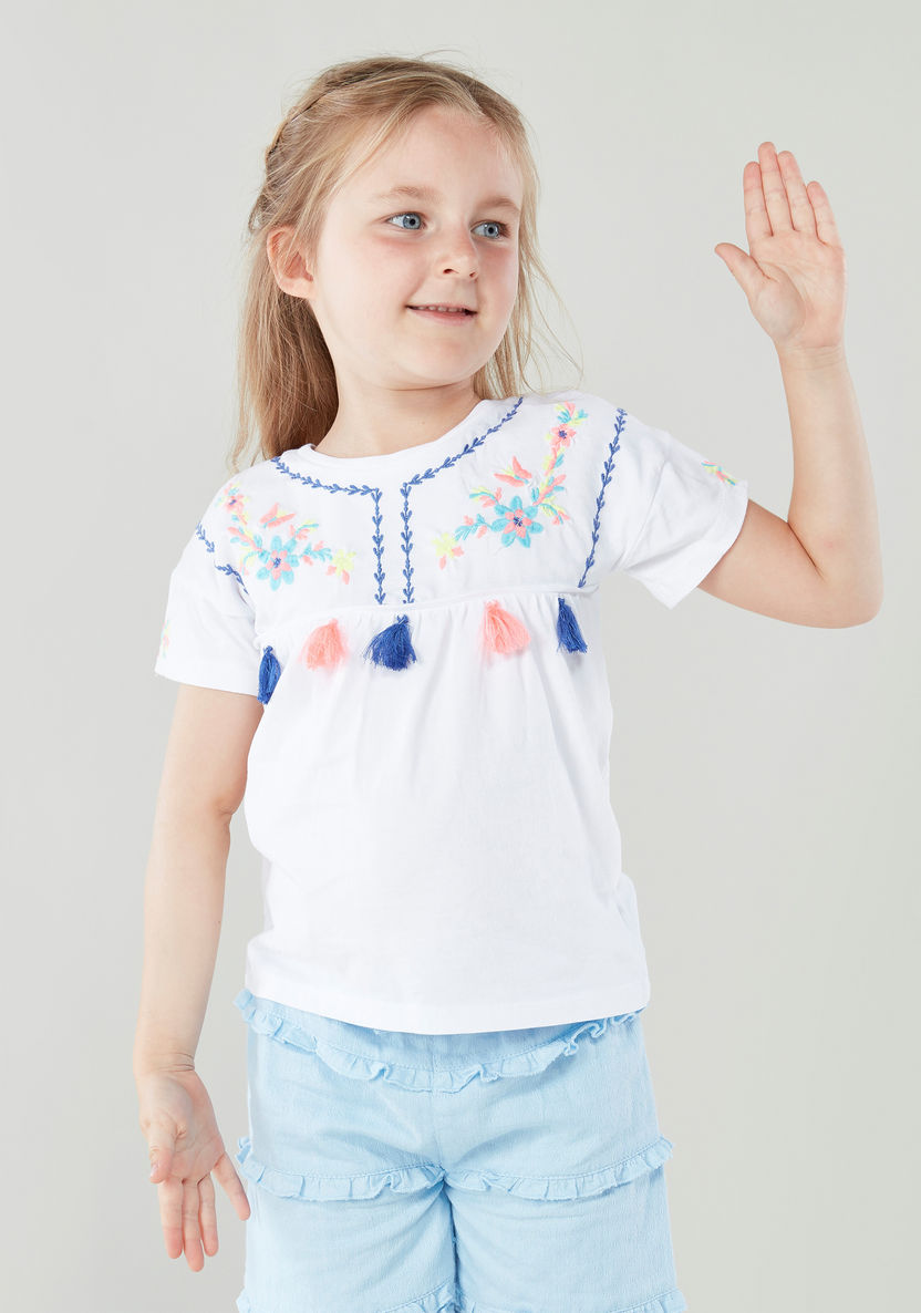 Juniors Embroidered Cotton T-shirt with Tassels-T Shirts-image-1