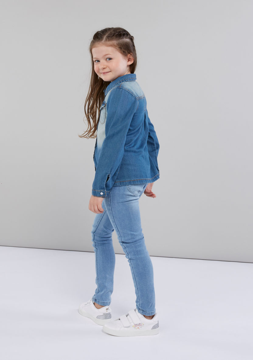 Juniors Denim Shirt with Long Sleeves and Pocket Detail-Blouses-image-1