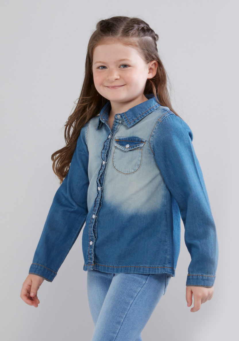 Juniors Denim Shirt with Long Sleeves and Pocket Detail-Blouses-image-2