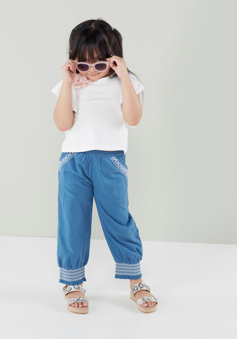 Flat-Front Pants with Embroidery Detail and Frilly Hemline-Pants-image-0