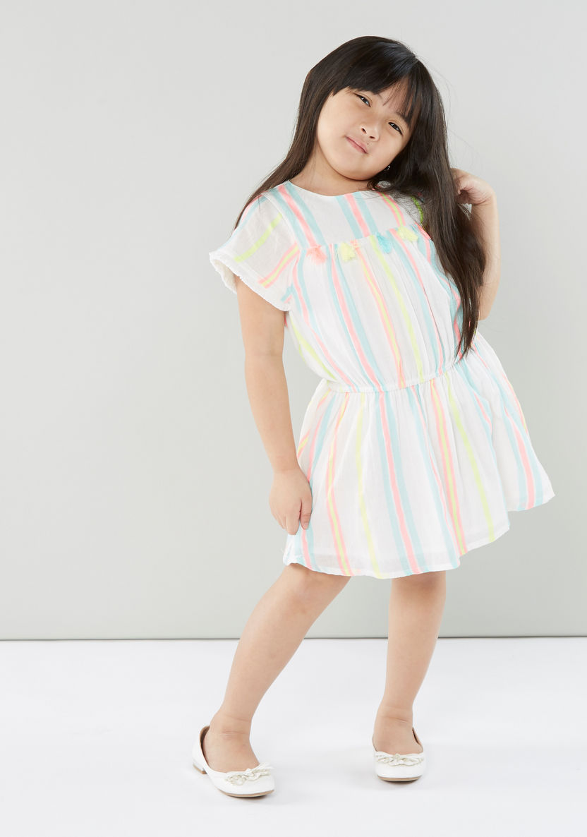 Juniors Striped A-line Dress with Short Sleeves and Tassels-Dresses%2C Gowns and Frocks-image-0