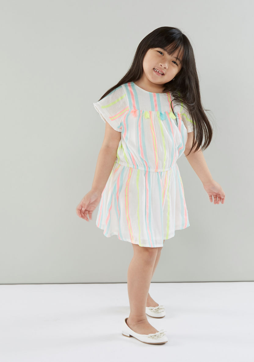 Juniors Striped A-line Dress with Short Sleeves and Tassels-Dresses%2C Gowns and Frocks-image-1