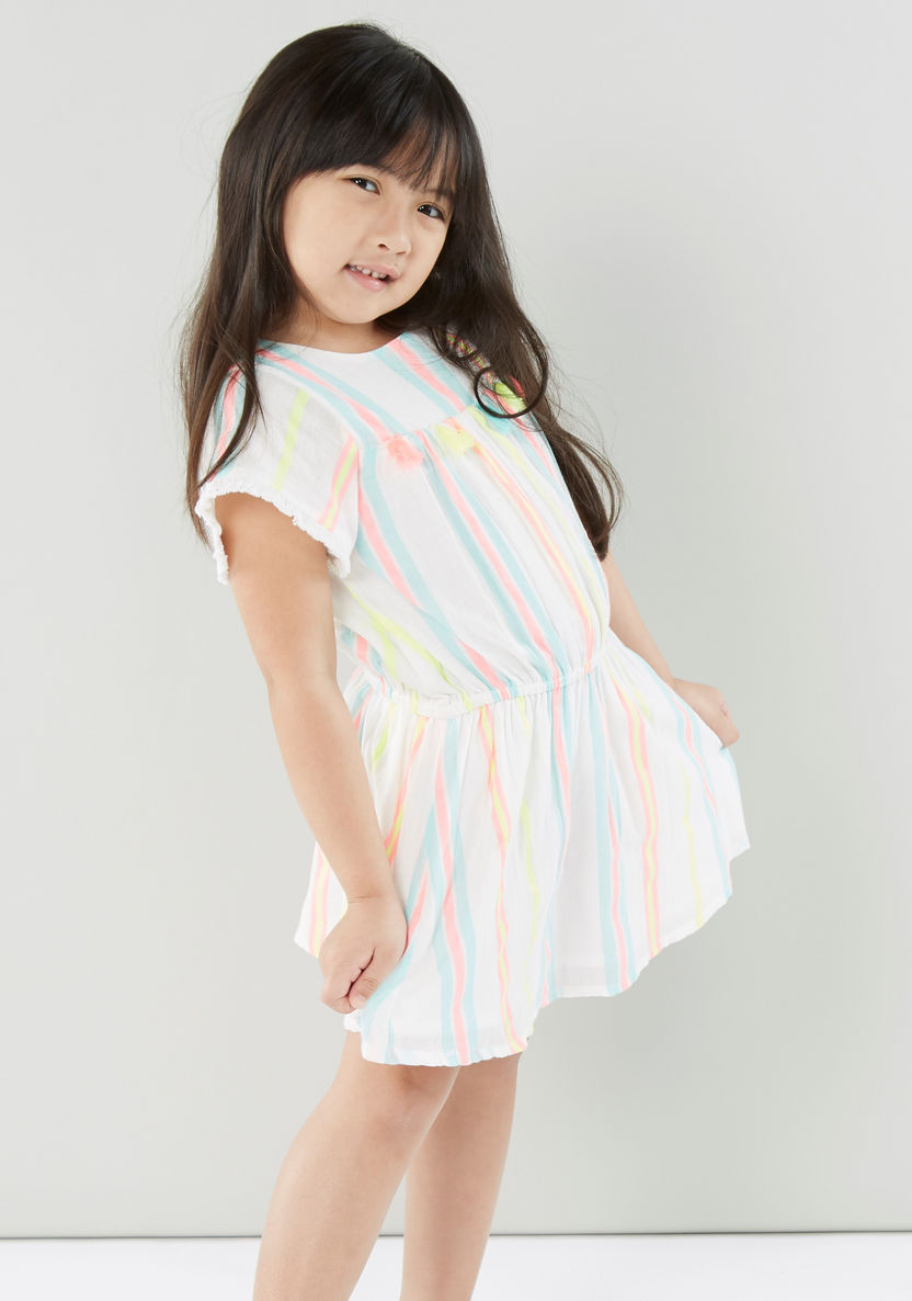 Juniors Striped A-line Dress with Short Sleeves and Tassels-Dresses%2C Gowns and Frocks-image-2