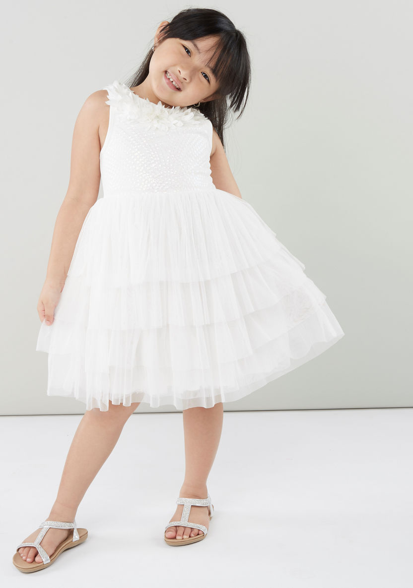 Juniors Sleeveless Mesh Dress with Floral Applique Detail-Dresses%2C Gowns and Frocks-image-0
