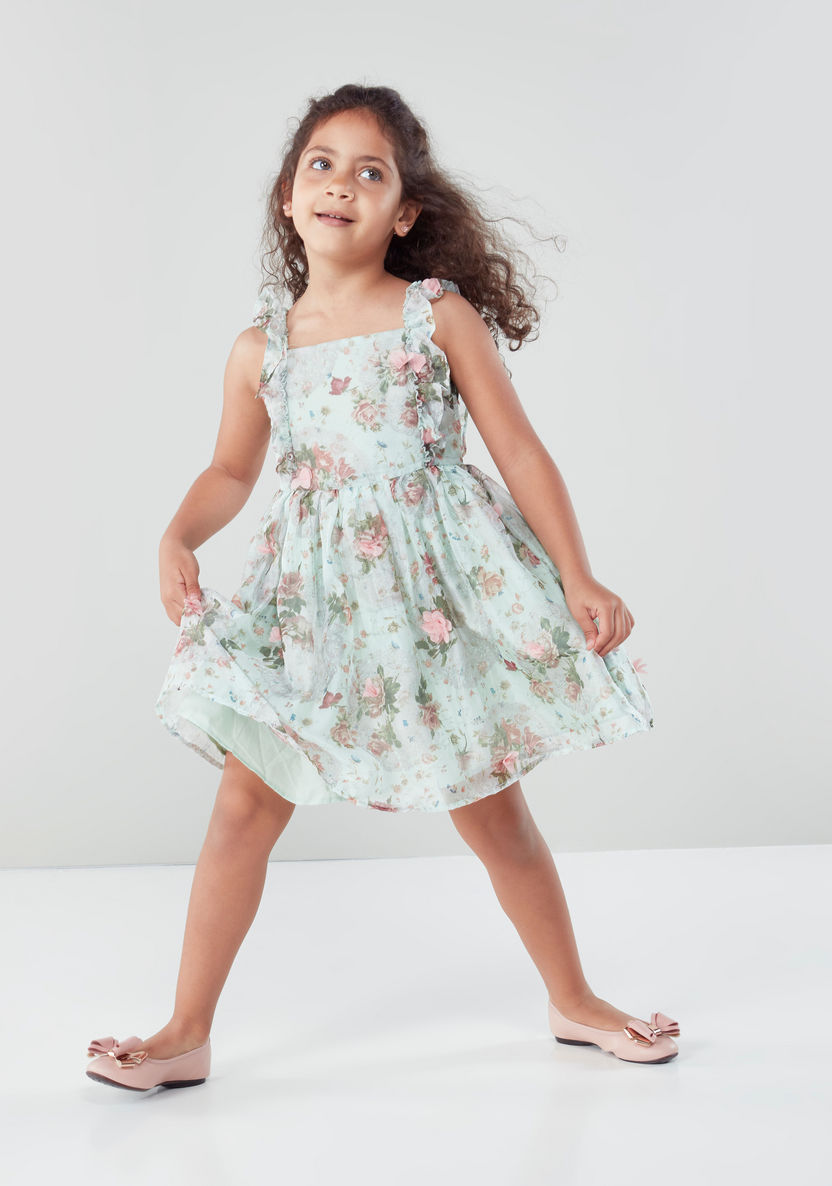 Juniors Floral Printed Dress with Boat Neck and Frill Detail-Dresses%2C Gowns and Frocks-image-0