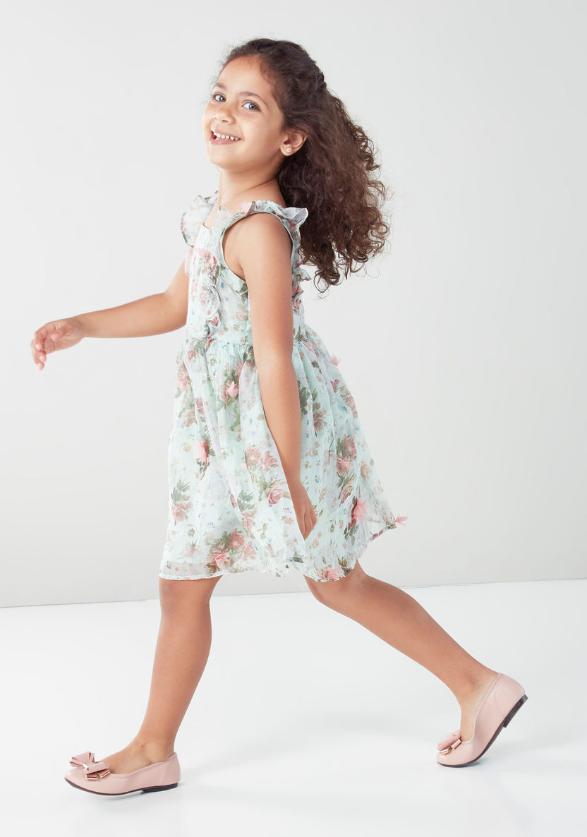 Juniors Floral Printed Dress with Boat Neck and Frill Detail-Dresses%2C Gowns and Frocks-image-1