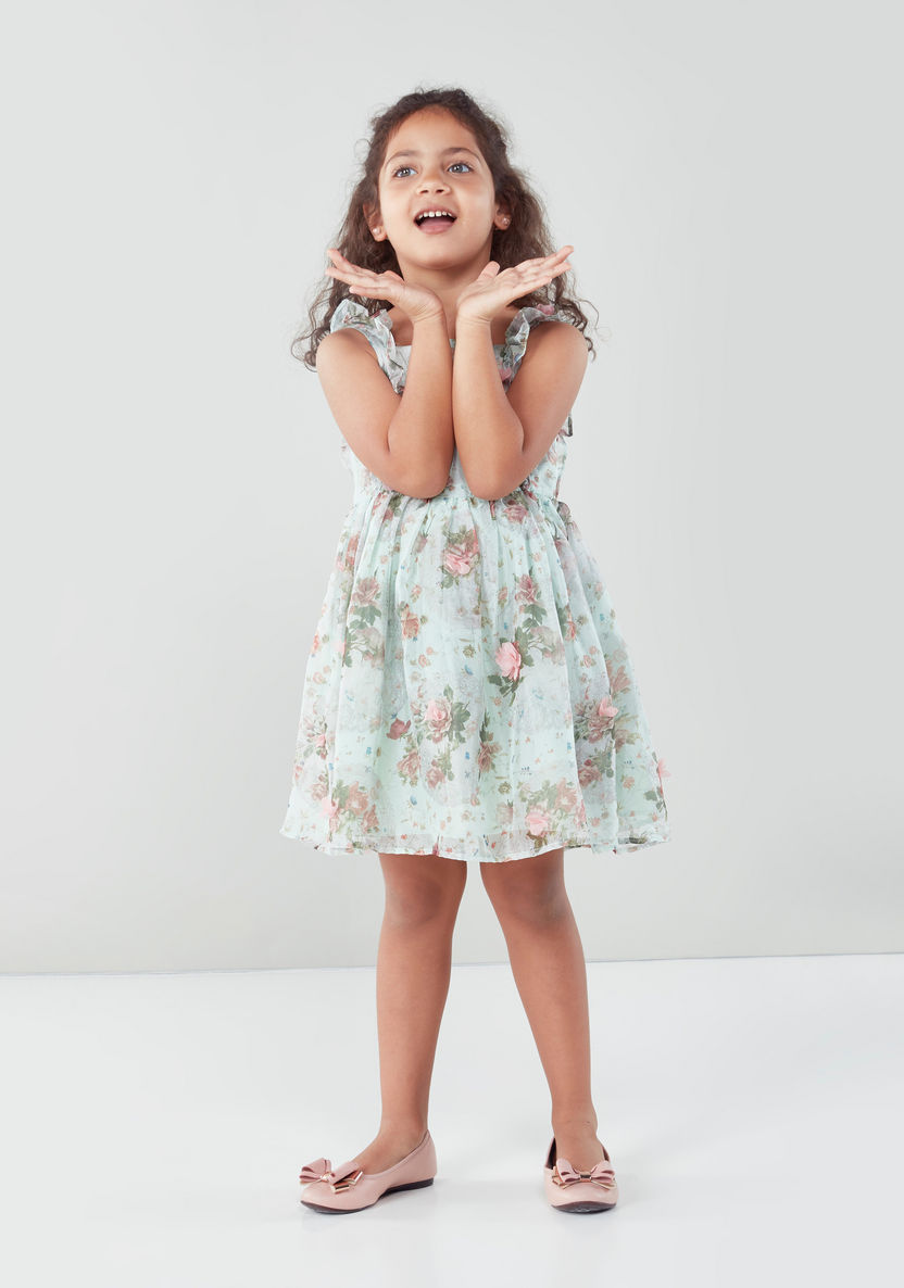 Juniors Floral Printed Dress with Boat Neck and Frill Detail-Dresses%2C Gowns and Frocks-image-2