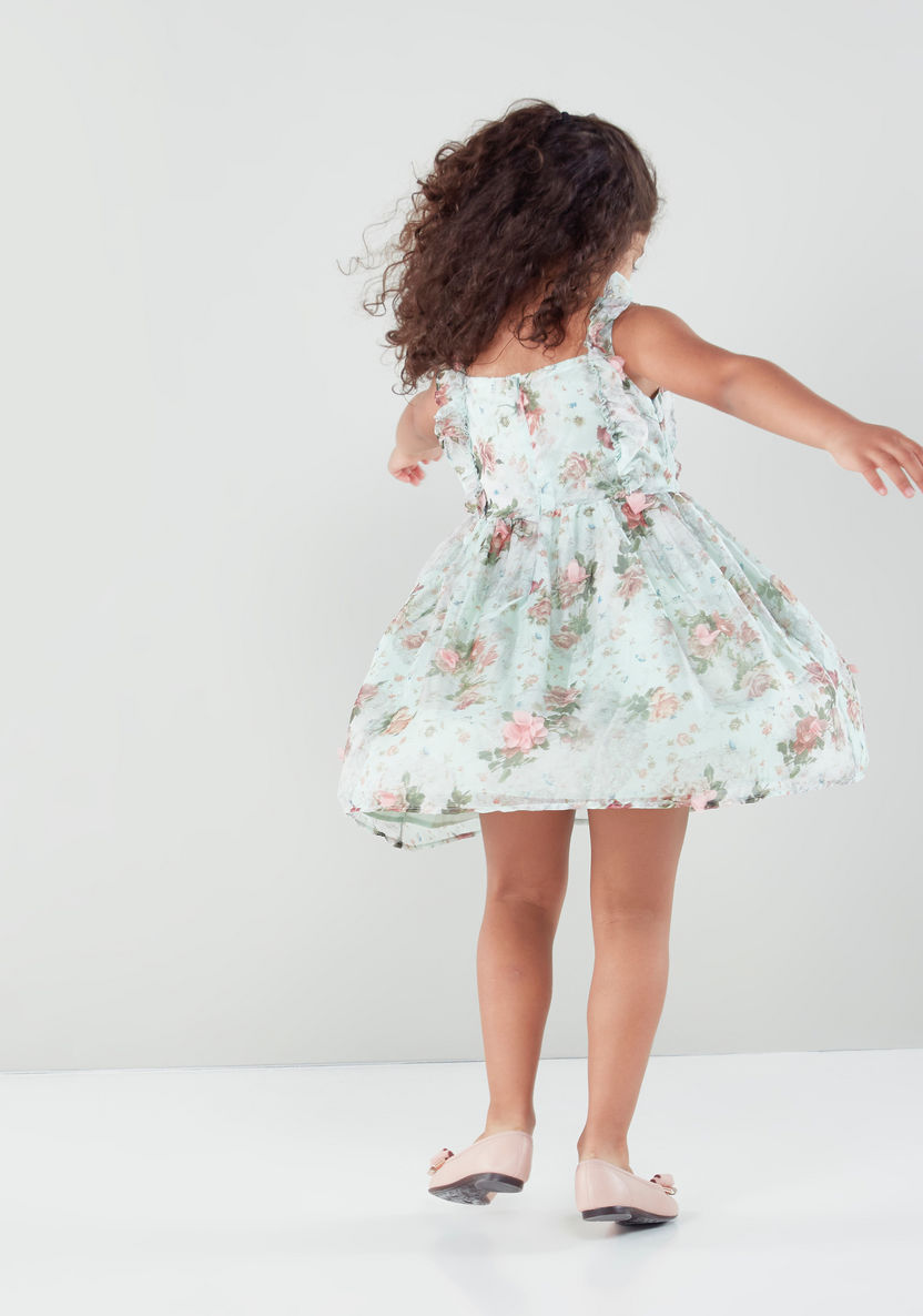 Juniors Floral Printed Dress with Boat Neck and Frill Detail-Dresses%2C Gowns and Frocks-image-3