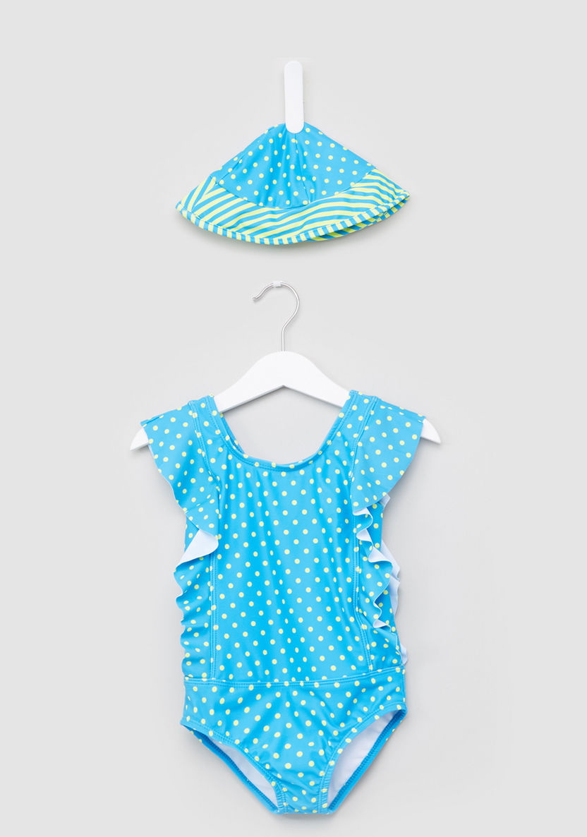 Juniors Polka Dot Printed Swimsuit with Cap-Swimwear-image-0