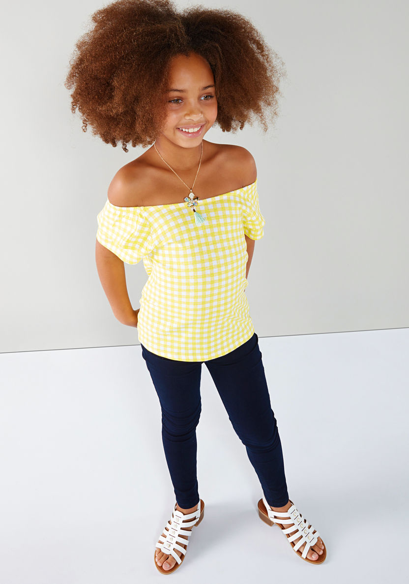 Juniors Chequered Off Shoulder Top-Blouses-image-0