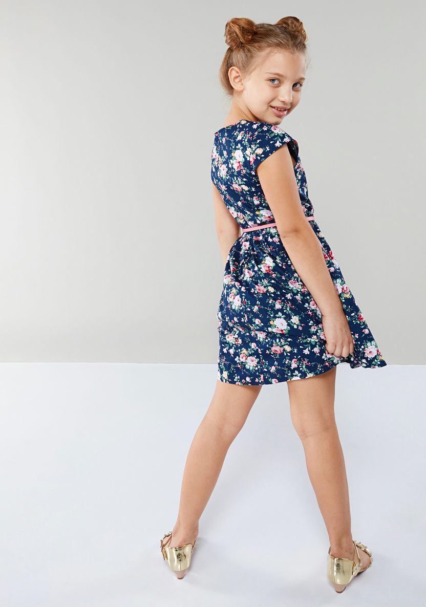 Juniors Floral Printed Belted Dress-Dresses%2C Gowns and Frocks-image-1