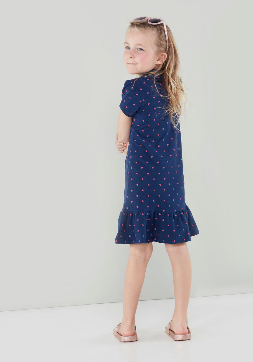 Printed Polo Neck Dress with Short Sleeves and Frilly Hemline-Dresses%2C Gowns and Frocks-image-1