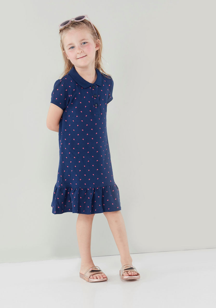 Printed Polo Neck Dress with Short Sleeves and Frilly Hemline-Dresses%2C Gowns and Frocks-image-2