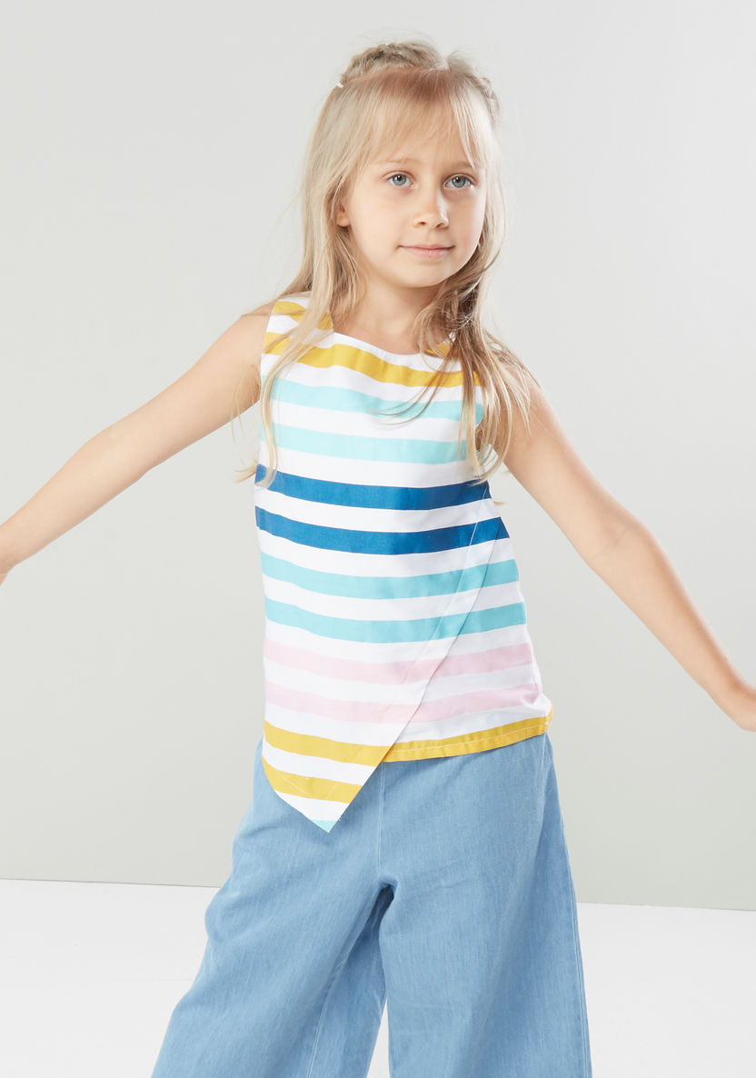 Juniors Striped Sleeveless Top with Round Neck-Blouses-image-0