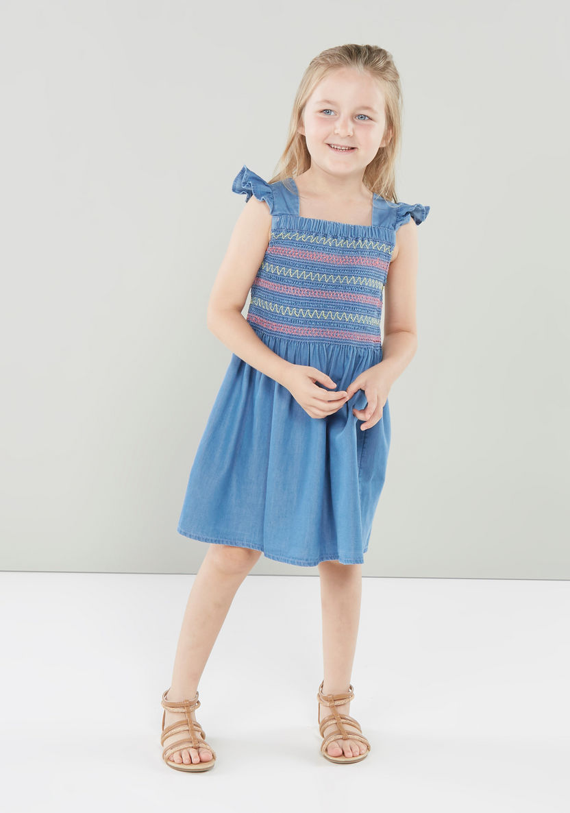 Juniors Ruffle Detail Dress with Embroidered Stripes-Dresses%2C Gowns and Frocks-image-0