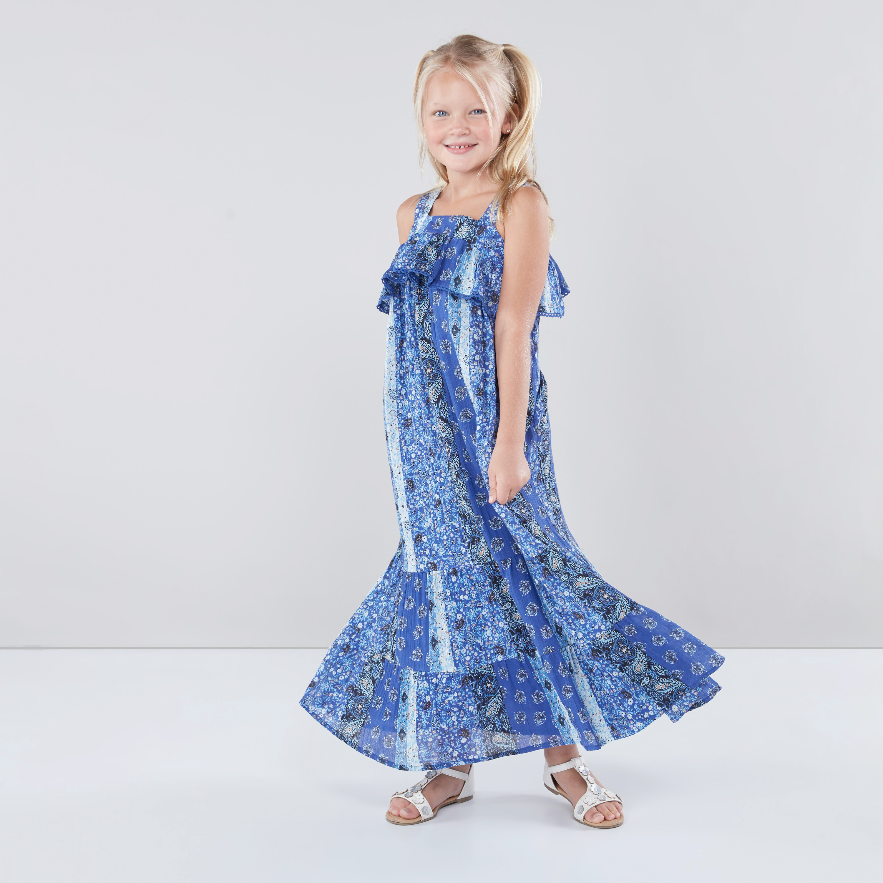 Juniors Printed Sleeveless Maxi Dress with Frill Detail-girls-clothing-dressesandjumpsuits-image-1