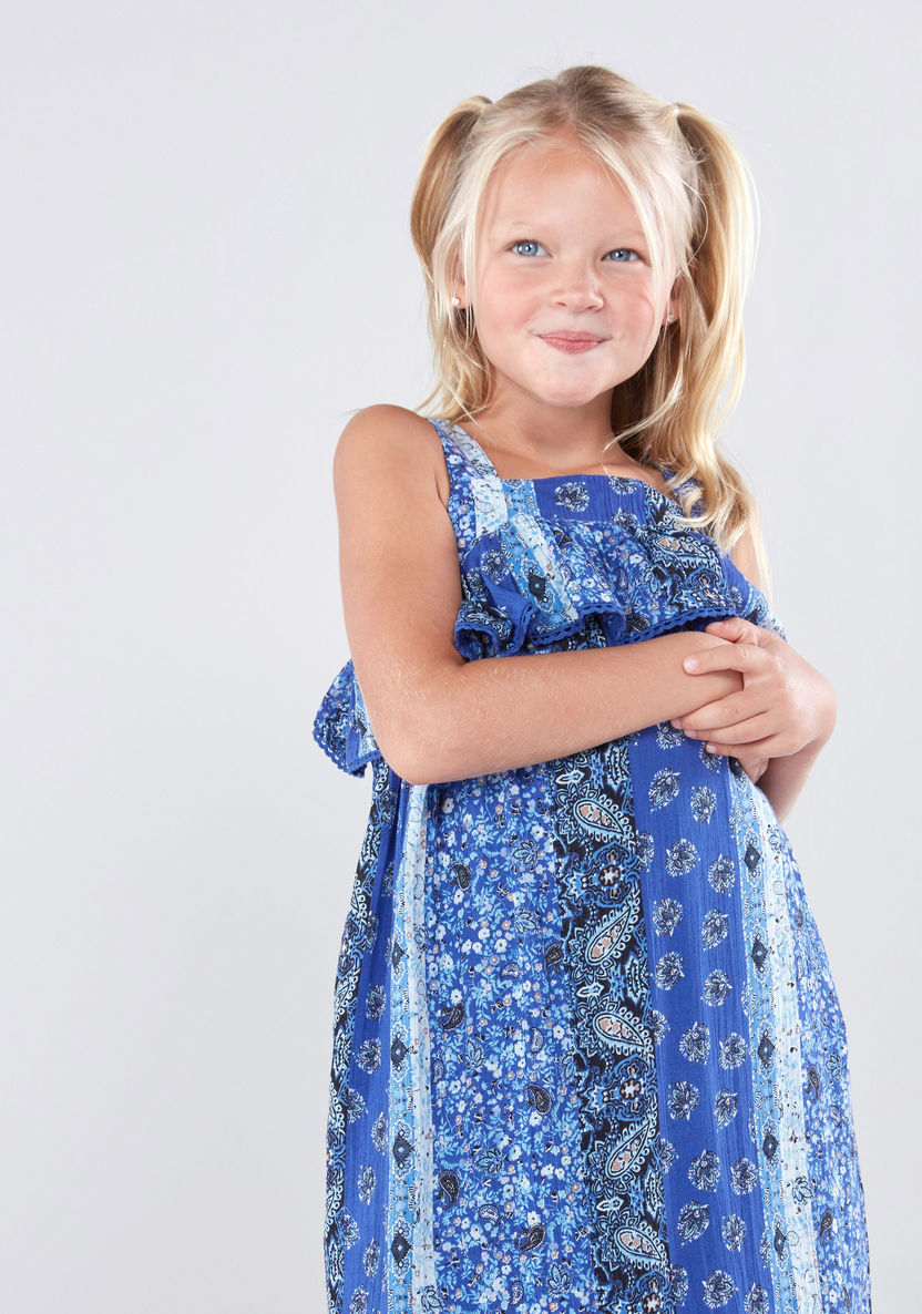 Juniors Printed Sleeveless Maxi Dress with Frill Detail-Dresses%2C Gowns and Frocks-image-1