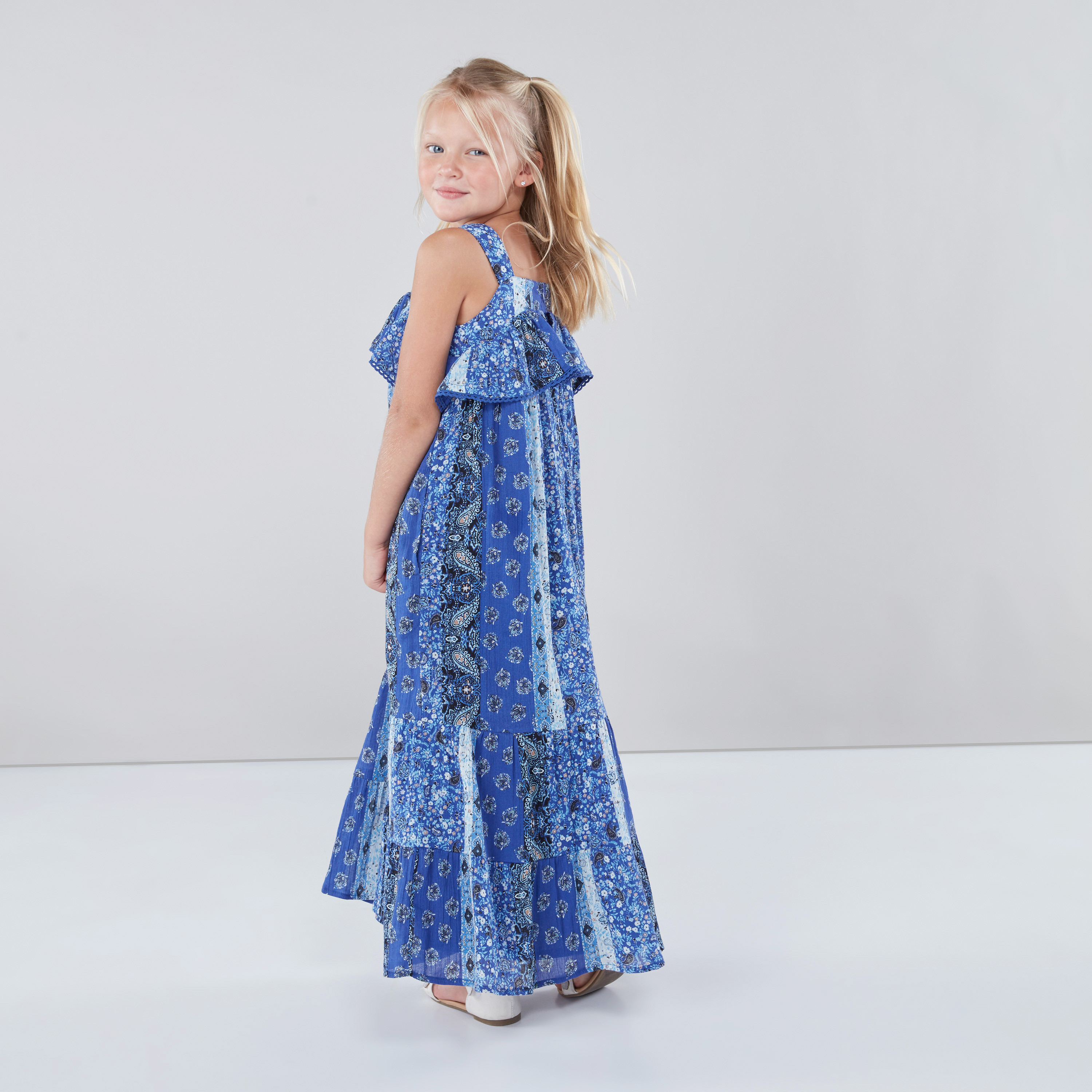 Juniors Printed Sleeveless Maxi Dress with Frill Detail-girls-clothing-dressesandjumpsuits-image-3