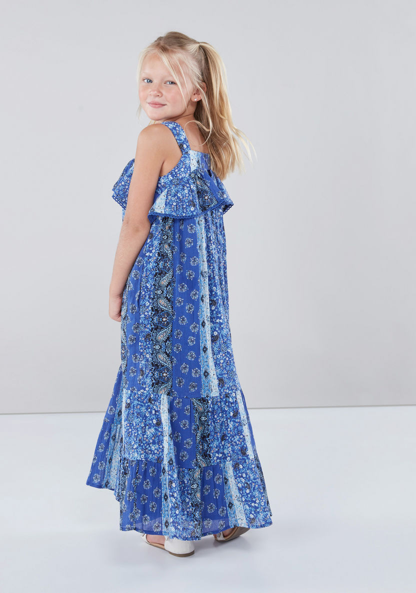 Juniors Printed Sleeveless Maxi Dress with Frill Detail-Dresses%2C Gowns and Frocks-image-2
