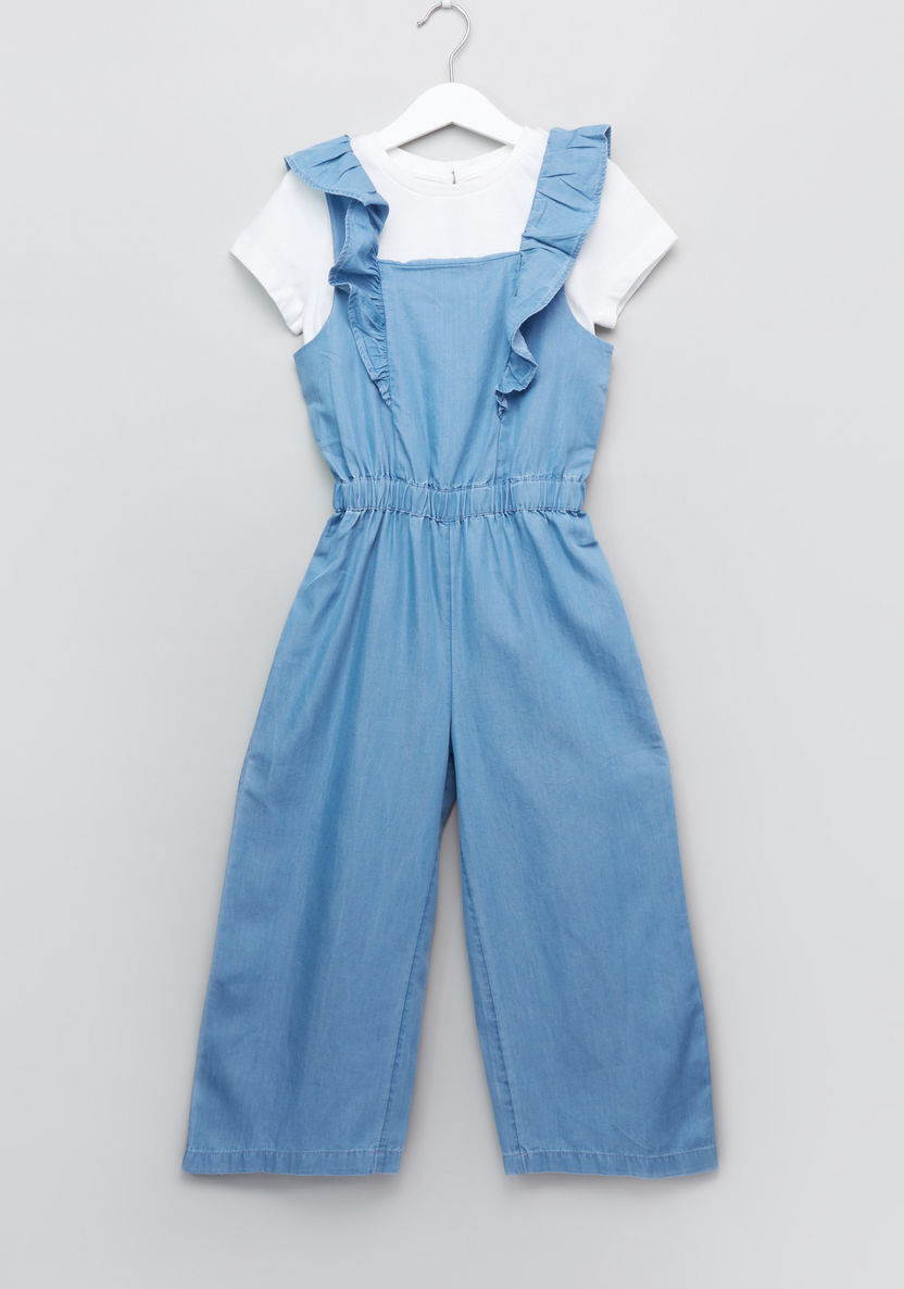 Juniors Ruffle Detail Jumpsuit with Short Sleeves T-shirt-Clothes Sets-image-0
