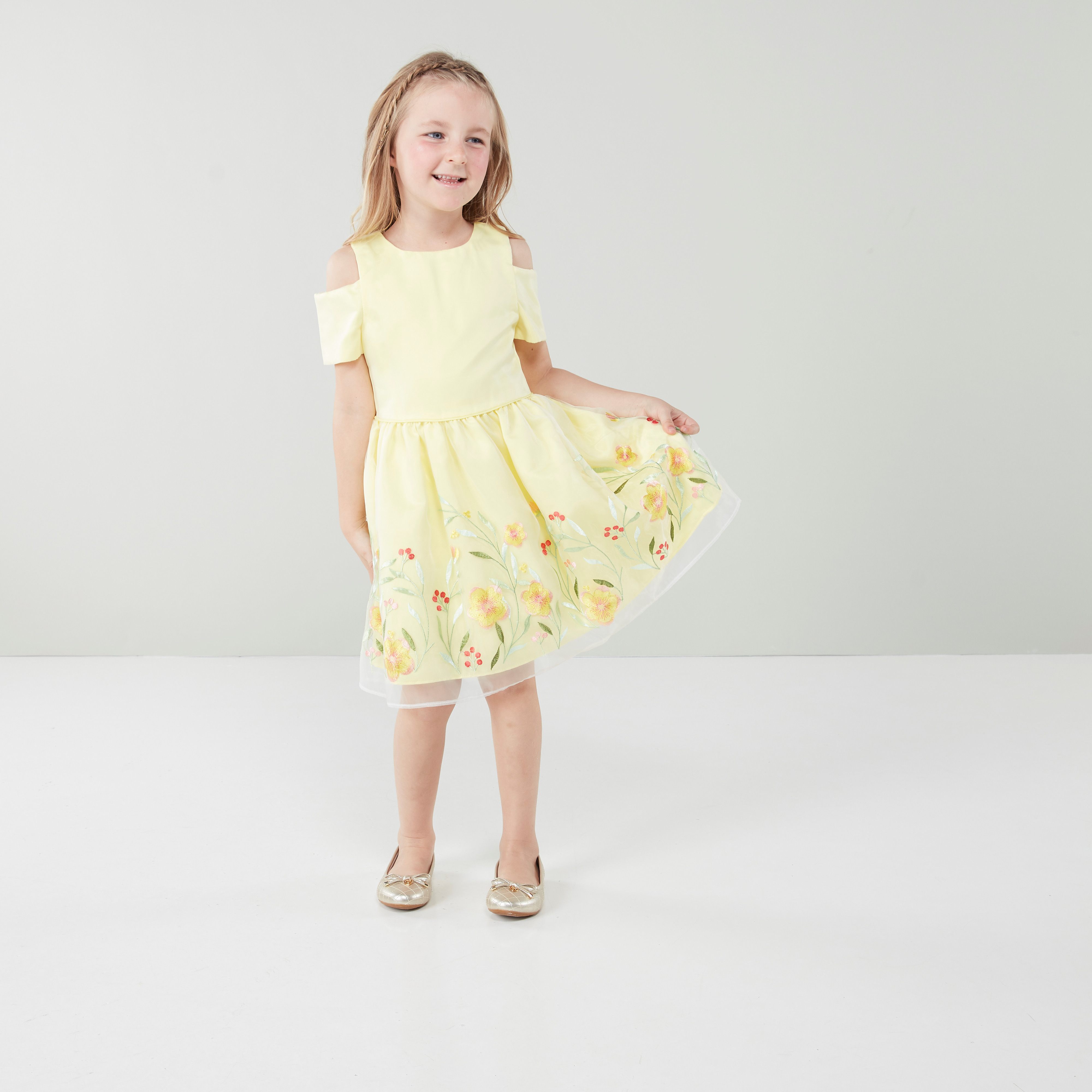Juniors Floral Embroidered Cold Shoulder Dress with Round Neck-girls-clothing-dressesandjumpsuits-image-3