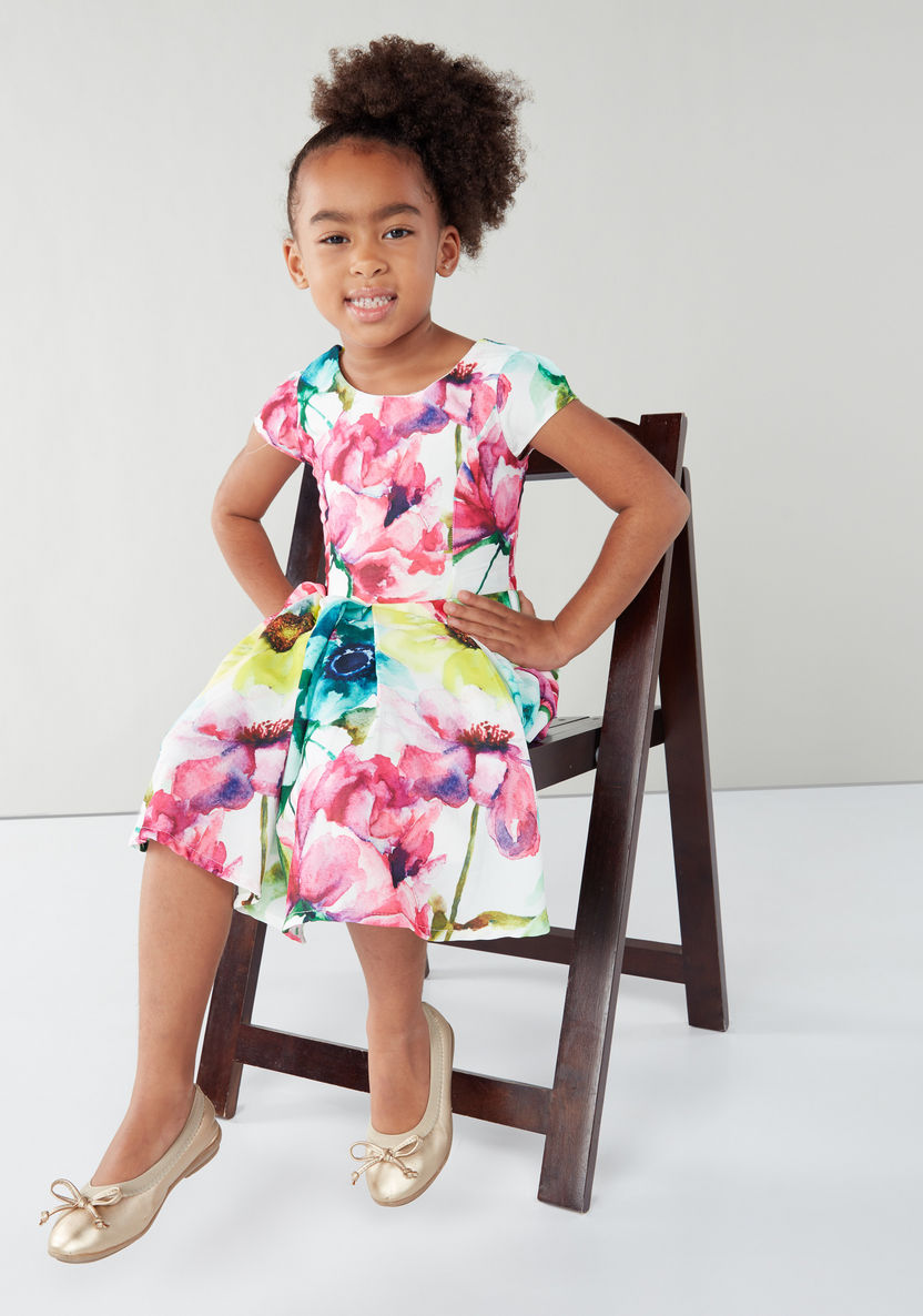 Juniors Floral Printed Dress with Short Sleeves and Round Neck-Dresses%2C Gowns and Frocks-image-0