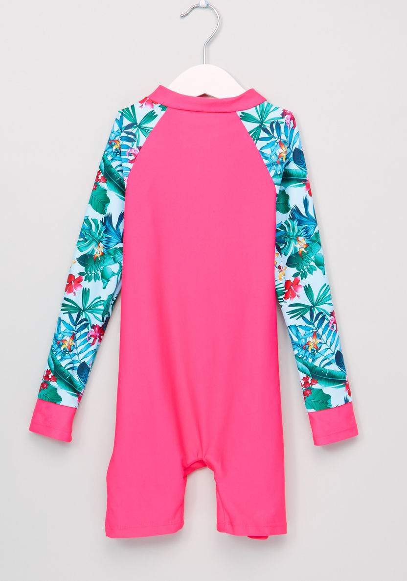 Juniors Floral Printed Raglan Sleeves Swimsuit-Swimwear-image-2