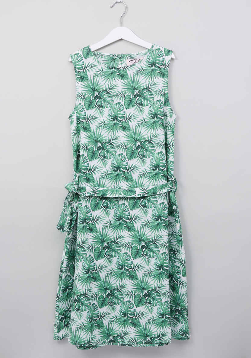 Posh Tropical Printed Sleeveless Dress with Tie Up Belt-Dresses%2C Gowns and Frocks-image-0