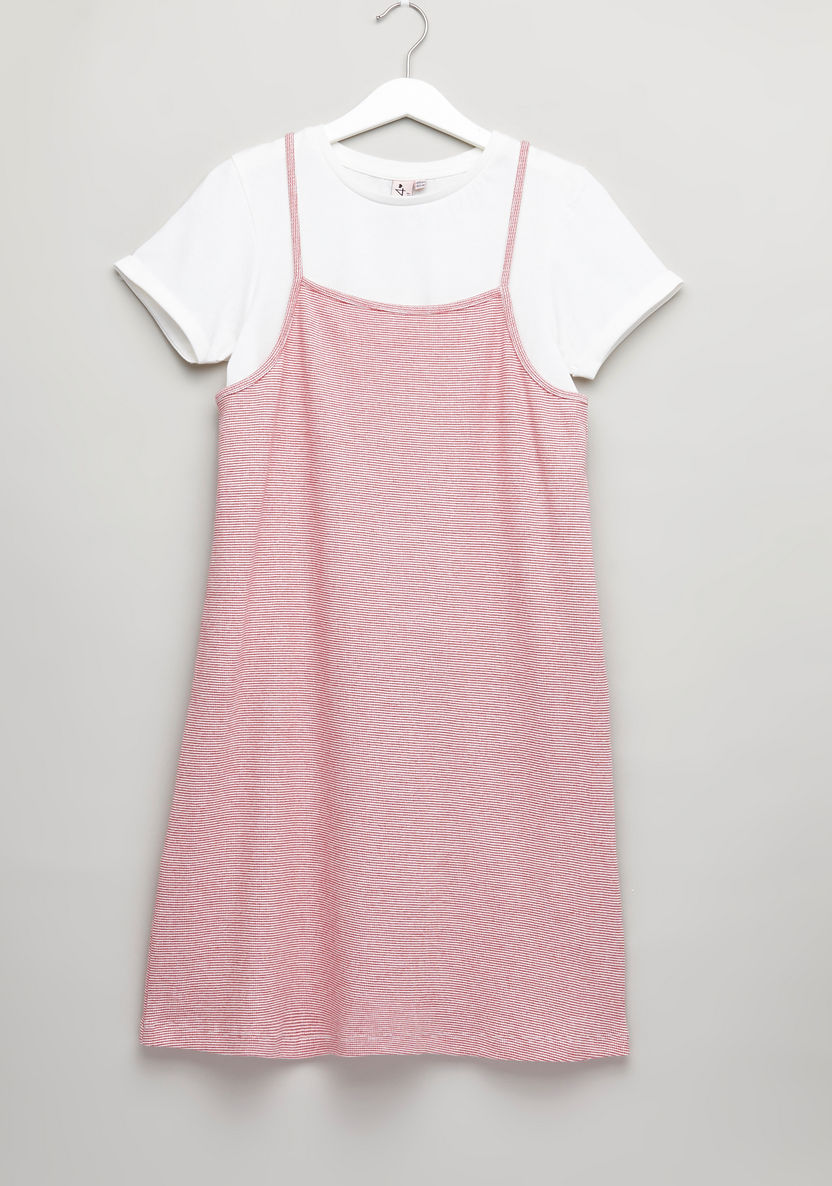 Posh Round Neck T-shirt with Striped Dress-Clothes Sets-image-0