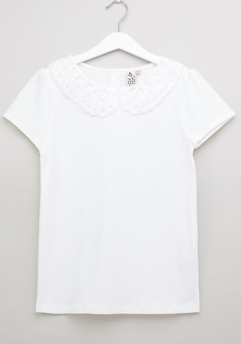 Posh Short Sleeves Top with Schiffli Detail Collar-Blouses-image-0