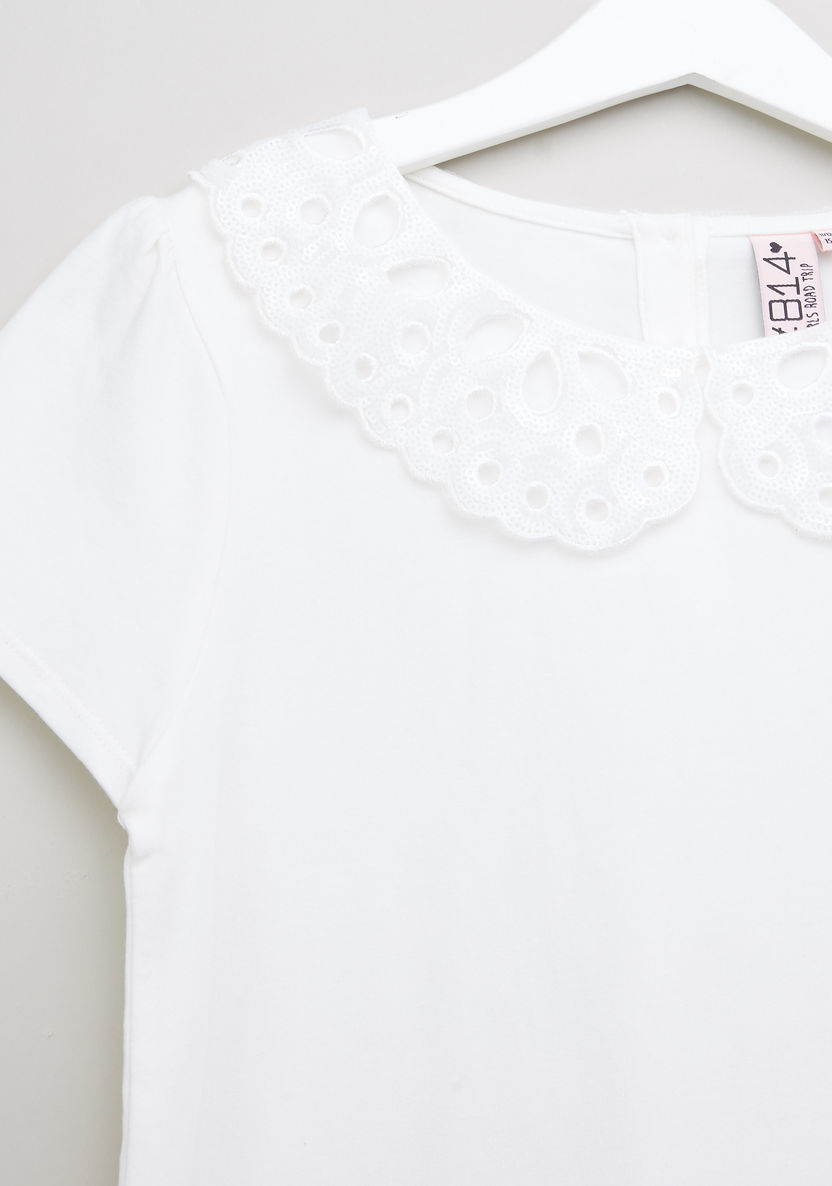 Posh Short Sleeves Top with Schiffli Detail Collar-Blouses-image-1