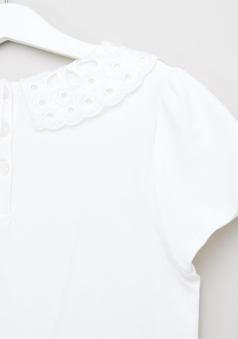 Posh Short Sleeves Top with Schiffli Detail Collar-Blouses-image-3