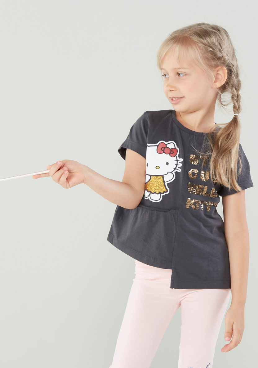 Sanrio Panel Sequinned Hello Kitty T-shirt with Short Sleeves-T Shirts-image-2