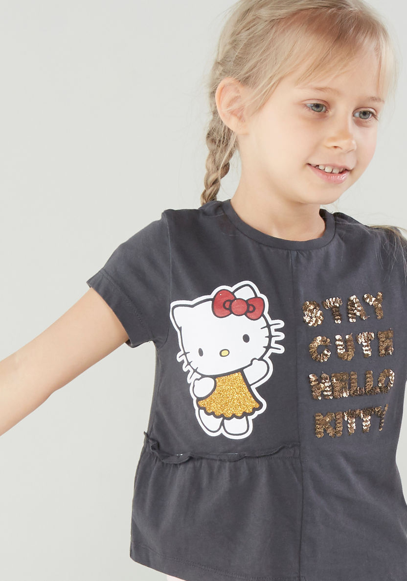 Sanrio Panel Sequinned Hello Kitty T-shirt with Short Sleeves-T Shirts-image-3