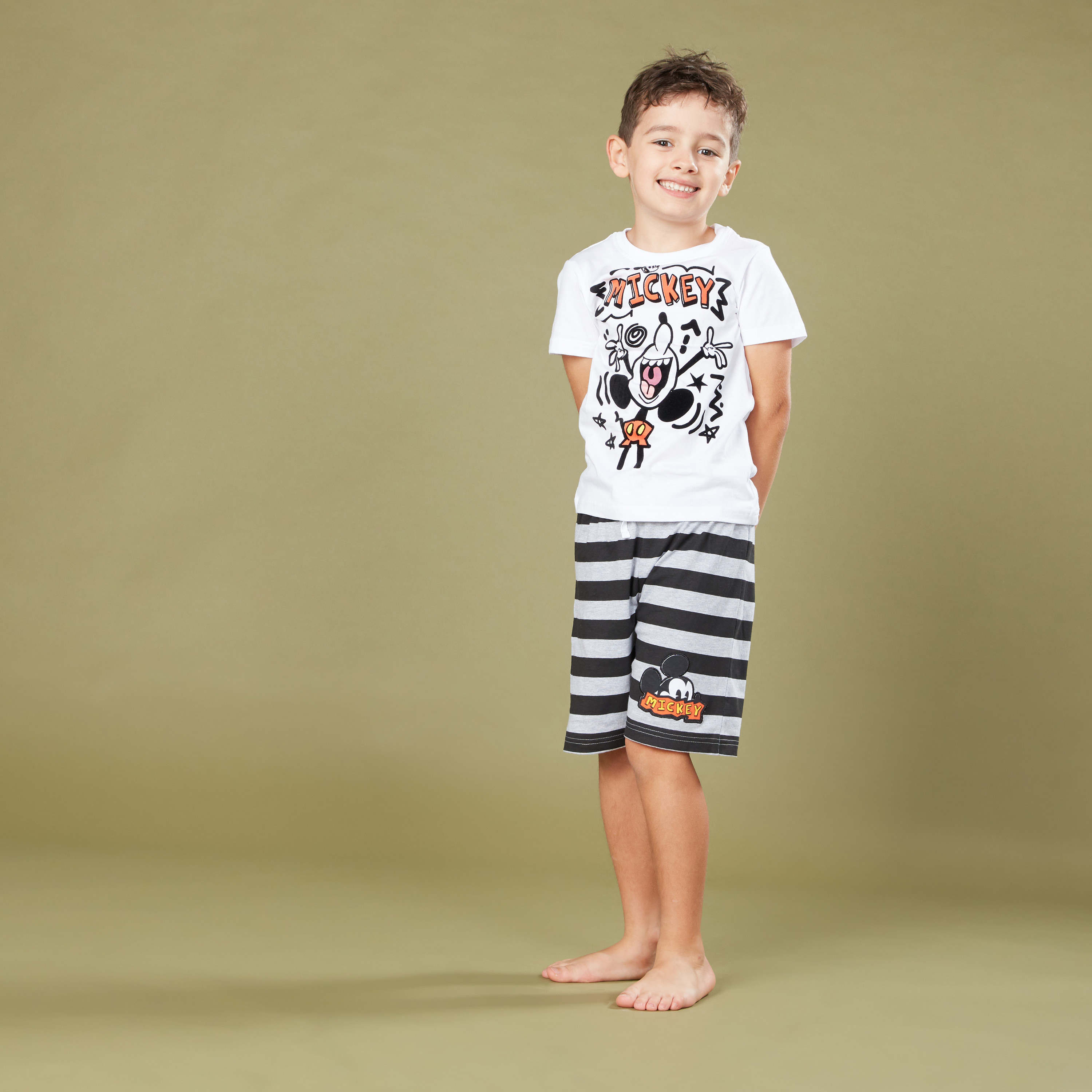 Mickey Mouse Printed T-Shirt with Striped Shorts-boys-clothing-nightwear-image-2