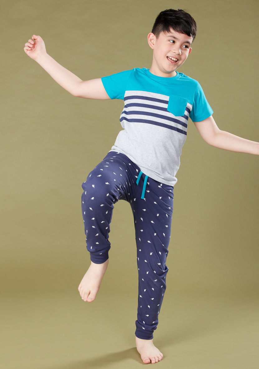 Juniors Striped T-shirt with Printed Jog Pants-Nightwear-image-0