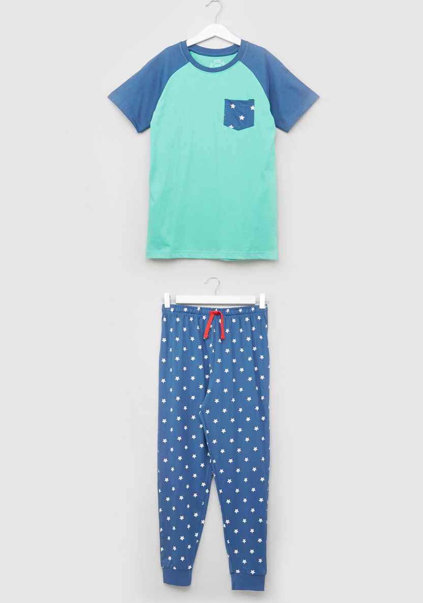 Juniors Star Print Round Neck T-shirt and Pyjama Set-Pyjama Sets-image-0