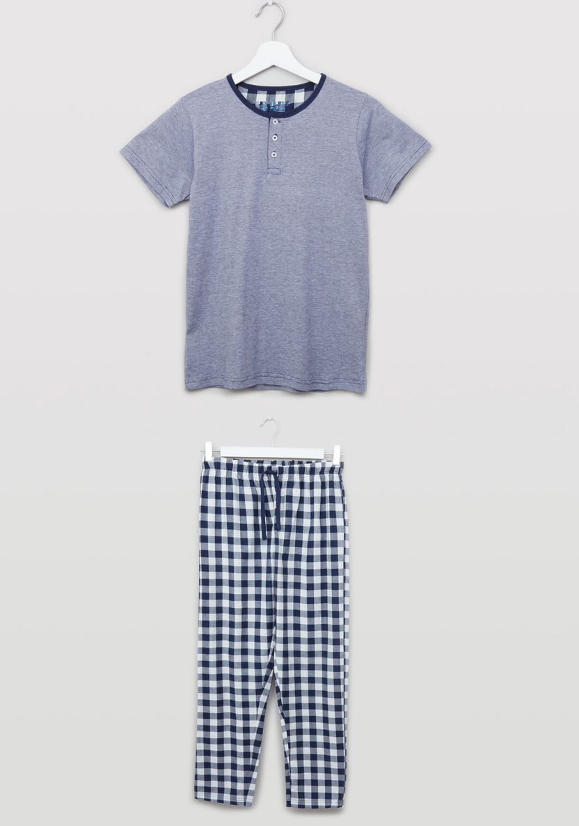 Juniors Henley Neck Short Sleeves T-shirt and Chequered Pyjama Set-Pyjama Sets-image-0