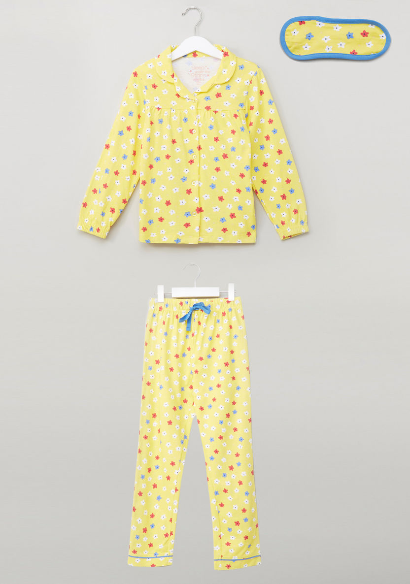 Juniors Floral Printed T-shirt and Pyjama Set with Eye Mask-Clothes Sets-image-0