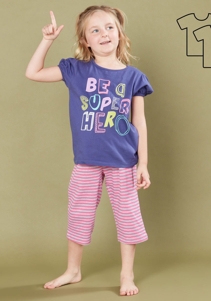 Juniors Printed Round Neck T-shirt with 3/4 Pants - Set of 2-Nightwear-image-0