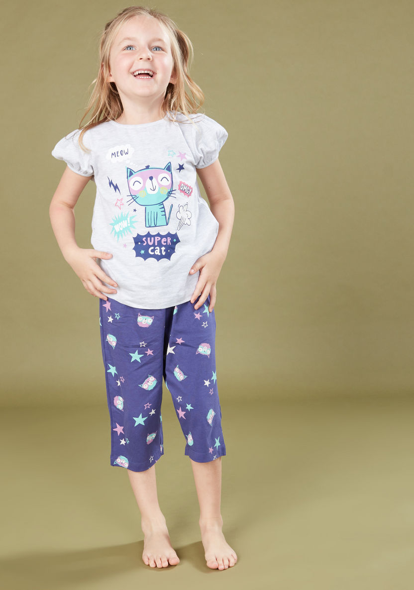 Juniors Printed Round Neck T-shirt with 3/4 Pants - Set of 2-Nightwear-image-1