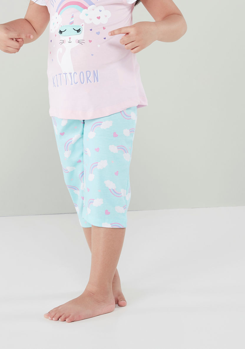 Kitticorn Printed Round Neck T-shirt and Capri Set-Nightwear-image-2