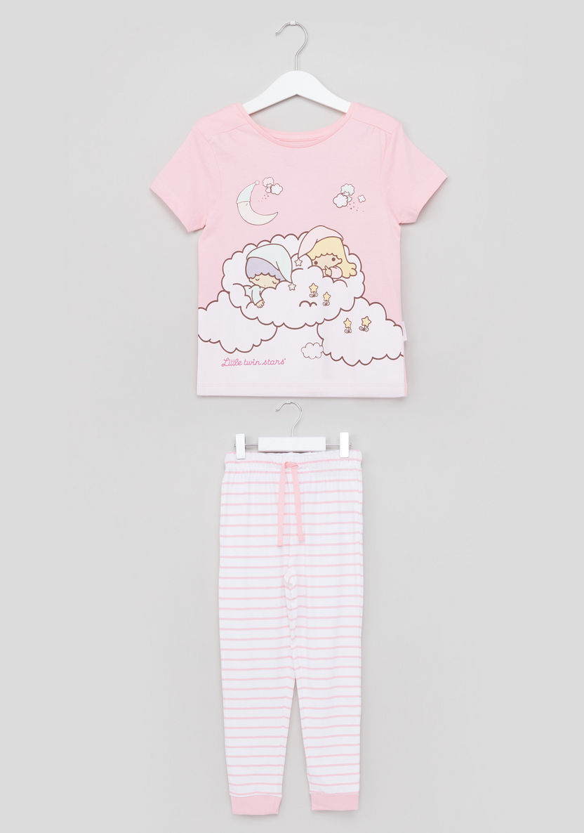 Little Twin Stars Printed T-shirt with Striped Jog Pants-Clothes Sets-image-0