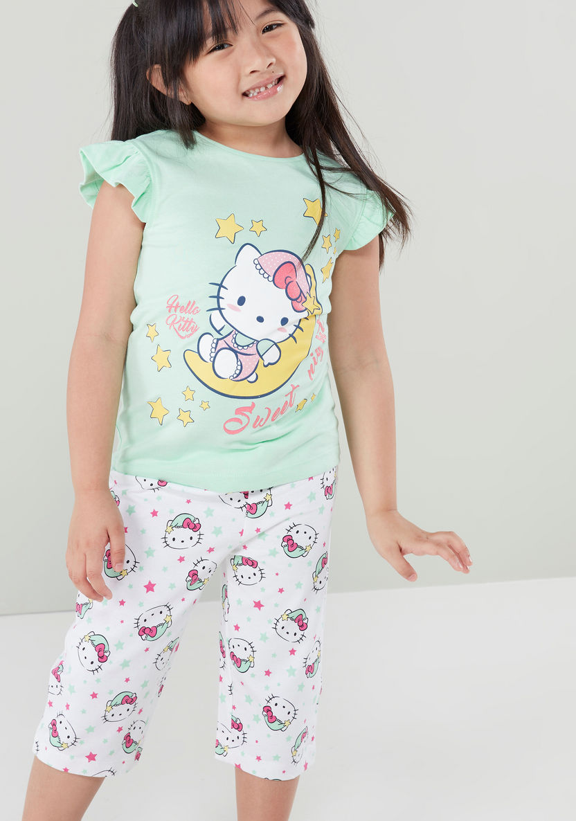Hello Kitty Printed Frilled Sleeves Top with Capris-Nightwear-image-0
