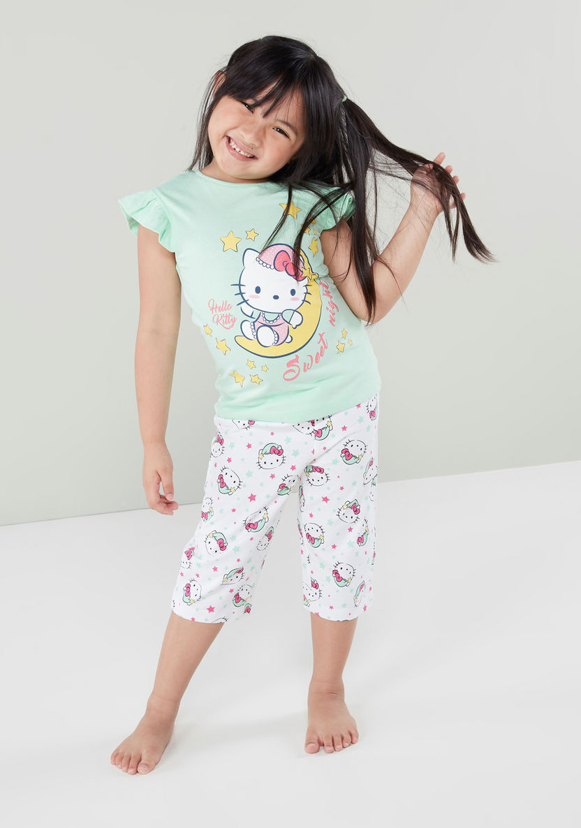 Hello Kitty Printed Frilled Sleeves Top with Capris-Nightwear-image-1