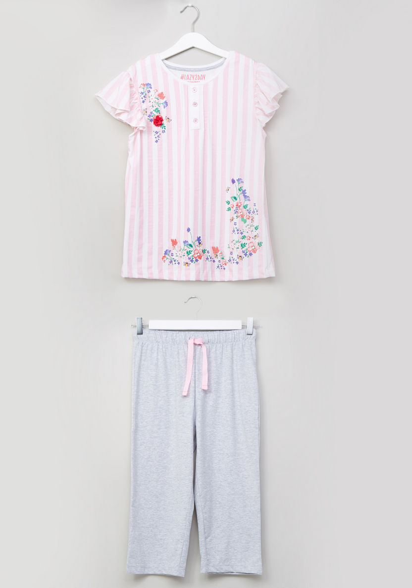 Juniors Striped Flutter Sleeves Top with Capris-Clothes Sets-image-0