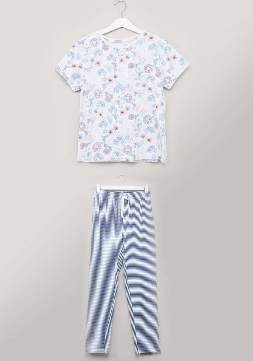 Juniors Floral Printed T-shirt and Striped Pyjama Set-Nightwear-image-0